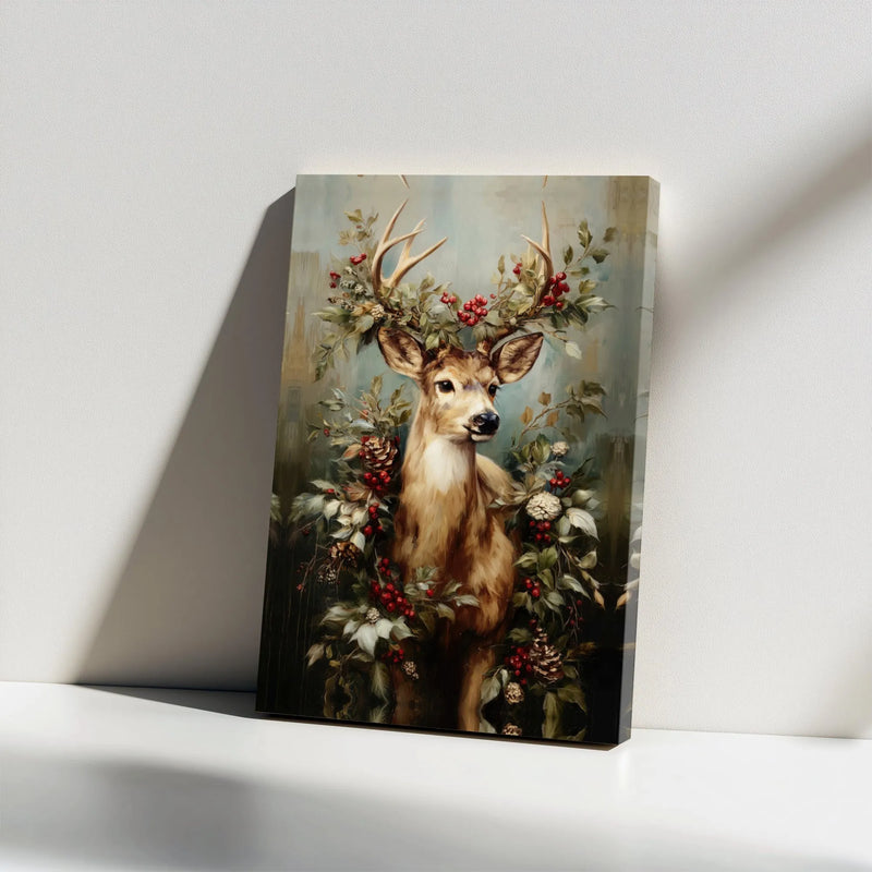 Vintage Christmas Deer Canvas Print, Deer with Holly Berries Canvas Wall Art, Woodland Deer Wall Art, Digital Download Rustic Deer Poster