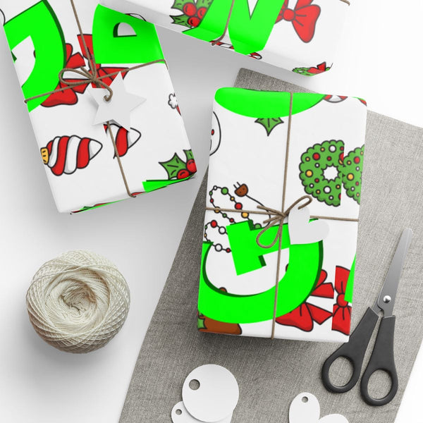 Festive Holiday Icons Gift Wrap, Green Joy Christmas Wrapping Paper, Xmas Pattern Wrapping Paper, Seasonal Holiday Gift Wrapp