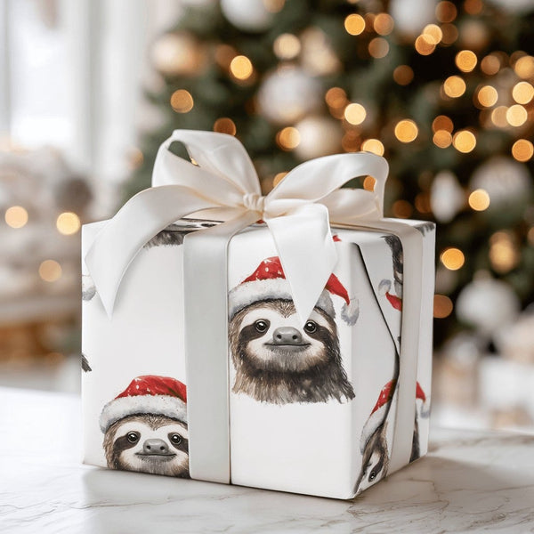 Watercolor Sloth Gift Wrap, Christmas Sloth Wrapping Paper, Adorable Santa Hat Sloth Holiday Paper, Animal Lover Xmas Gift Wr