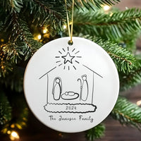 Minimalist Doodle Nativity Ornament, Personalized Nativity Christmas Ornament, Ceramic Holiday Ornament, Christian Family Keepsake Present