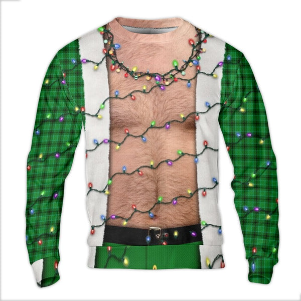 Humorous Hairy Chest Holiday Sweater, Hairy Chest Christmas Lights Ugly Sweater, Green Plaid Xmas Crewneck Sweater, Humorous 