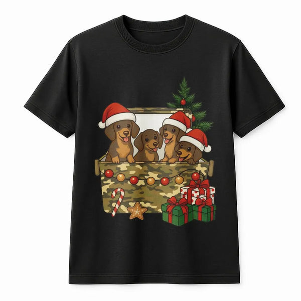Wiener Dog Puppies Camo Box Shirt, Dachshund Christmas T-Shirt, Adorable Dog Lover Holiday Tee, Winter Puppy Graphic T-Shirt