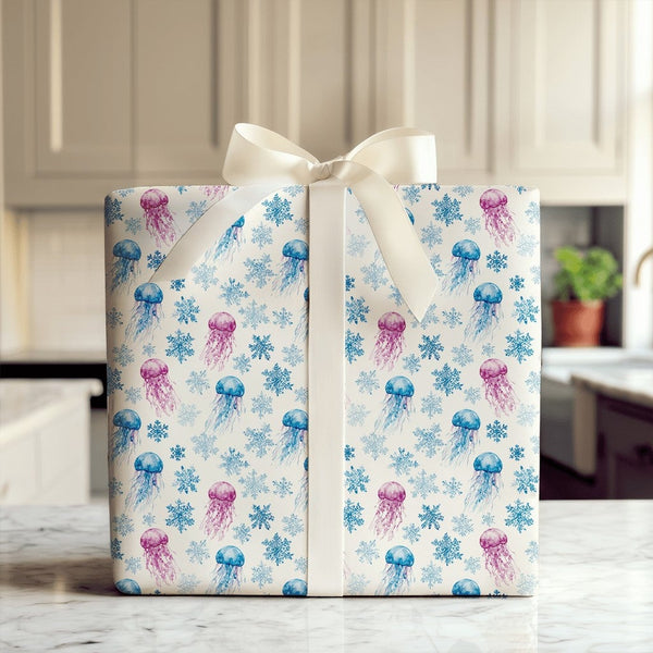 Winter Ocean Christmas Wrapping Paper, Watercolor Jellyfish Snowflake Wrapping Paper, Coastal Holiday Wrapping Paper, Whimsic