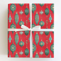 Red and Green Holiday Gift Wrap, Vintage Ornament Christmas Wrapping Paper, Retro Bauble Wrapping Paper, Elegant Festive Gift Wrap Roll