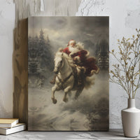 Snowy Winter Forest Canvas Print, Santa Claus with White Horse Canvas Art, Majestic Christmas Canvas Wall Art