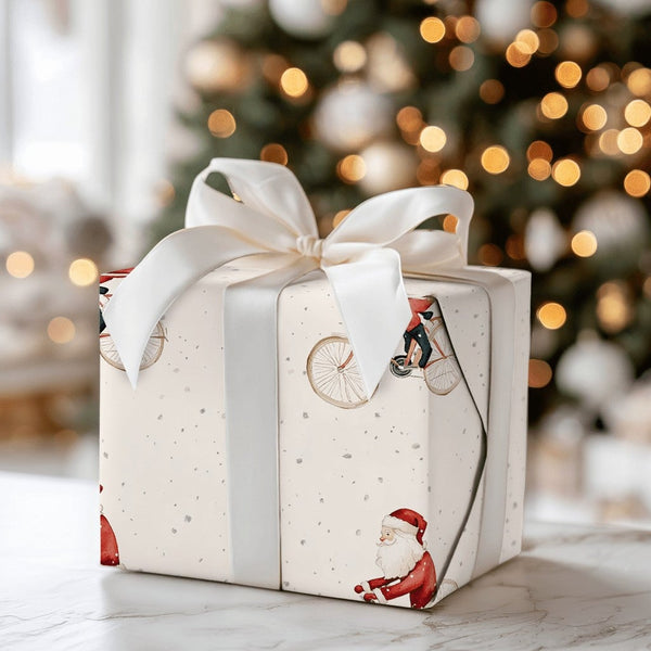 Whimsical Christmas Gift Wrap, Watercolor Santa on Bicycle Wrapping Paper, Retro Holiday Santa Wrapping Paper, Adorable Festi