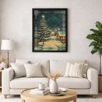 Snowy Winter Landscape Print, Christmas Village Digital Wall Art, Lit Pine Tree Holiday Poster, Festive Xmas Wall Decor Digital Download