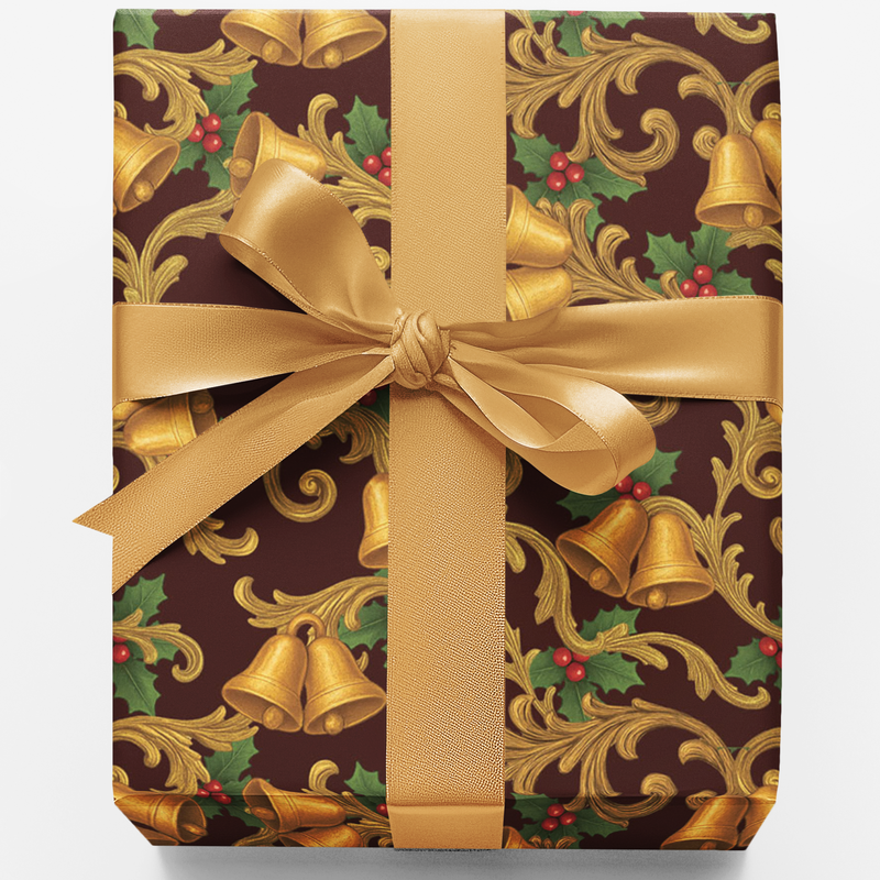 Vintage Gold Bells Holly Pattern Wrapping Paper, Christmas Gift Wrap Paper, Retro Xmas Holiday Gift Wrap Roll