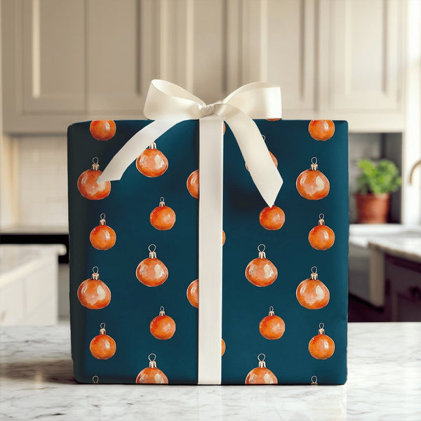 Navy Blue Holiday Gift Wrap, Orange Ornaments Christmas Wrapping Paper, Watercolor Baubles Wrapping Paper, Winter Season Pres