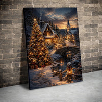 Snowy Church Winter Night Wall Art, Christmas Village Canvas, Christmas Tree Village Print, Holiday Cottage Scene Canvas Art