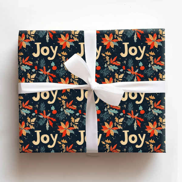 Navy Holly Botanical Holiday Wrapping Paper, Joy Poinsettia Christmas Wrapping Paper, Floral Winter Gift Wrap, Elegant Xmas P