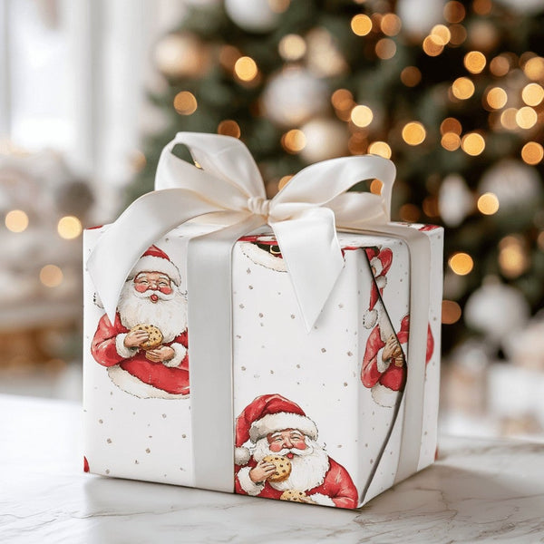 Watercolor Santa Claus Gift Wrap, Santa Eating Cookie Wrapping Paper, Holiday Cookies Christmas Paper, Secret Santa Present W