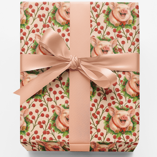 Adorable Pig Wreath Gift Wrap, Piggy Tidings Christmas Wrapping Paper, Farm Animal Holiday Paper Roll, Festive Winter Birthda