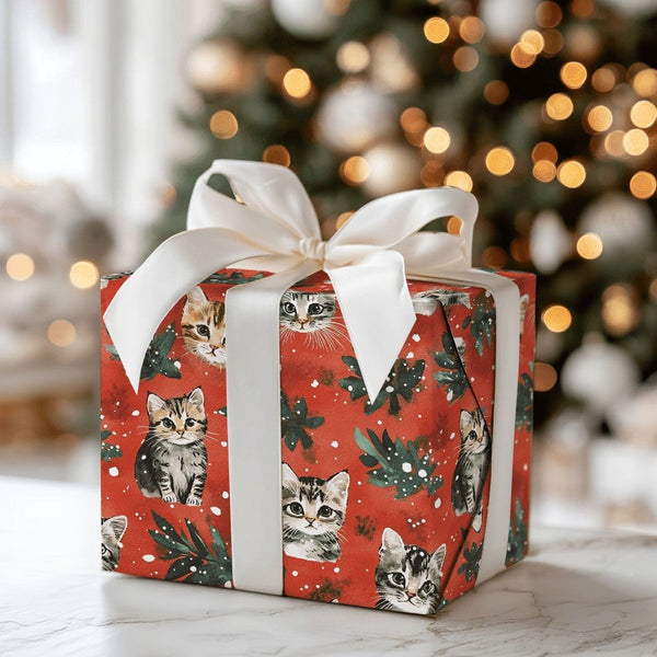Festive Holiday Kitten Gift Wrap, Christmas Cat Wrapping Paper, Winter Foliage Cat Wrapping Paper, Xmas Present Paper for Cat