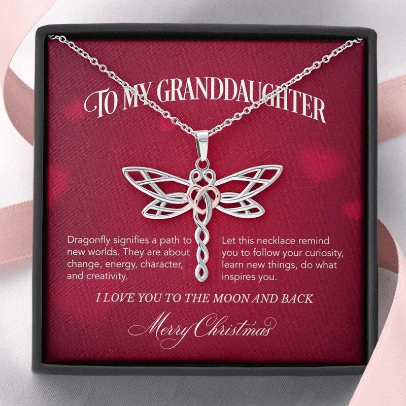 Rose Gold Heart Pendant Necklace, Granddaughter Dragonfly Necklace, Stainless Steel Jewelry, Christmas Present from Grandma