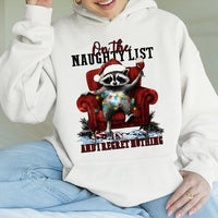 Naughty List Raccoon Hoodie, I Regret Nothing Raccoon Christmas Hoodie, Humorous Animal Holiday Graphic Sweatshirt, Adorable Xmas Pullover Hoodie