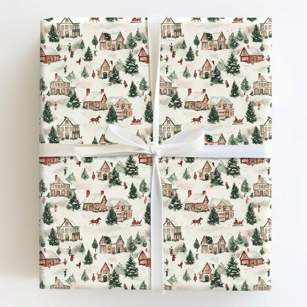 Horse Sleigh Holiday Gift Wrap, Snowy Village Christmas Wrapping Paper, Watercolor Winter Wonderland Gift Wrapping Paper, Com