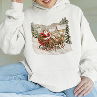 Retro Santa Sleigh and Reindeer Hoodie, Vintage Santa Hoodie, Nostalgic Santa Christmas Sweatshirt, Comfy Holiday Graphic Hooded Pullover
