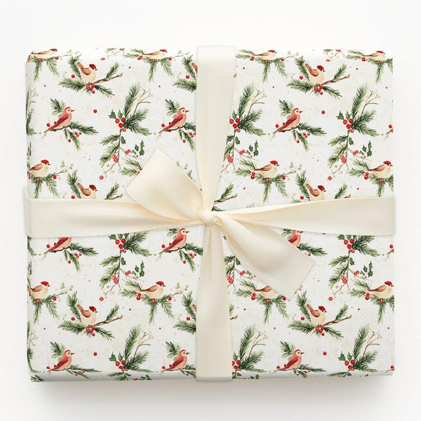 Watercolor Santa Hat Bird Holiday Gift Wrap, Winter Birds Christmas Wrapping Paper, Pine and Holly Wrapping Paper, Festive Ho