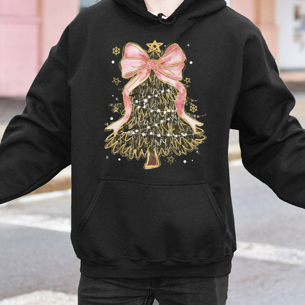 Pink Coquette Bow Holiday Tree Sweatshirt, Camo Christmas Tree Hoodie, Camouflage Xmas Pullover, Girly Preppy Winter Holiday 
