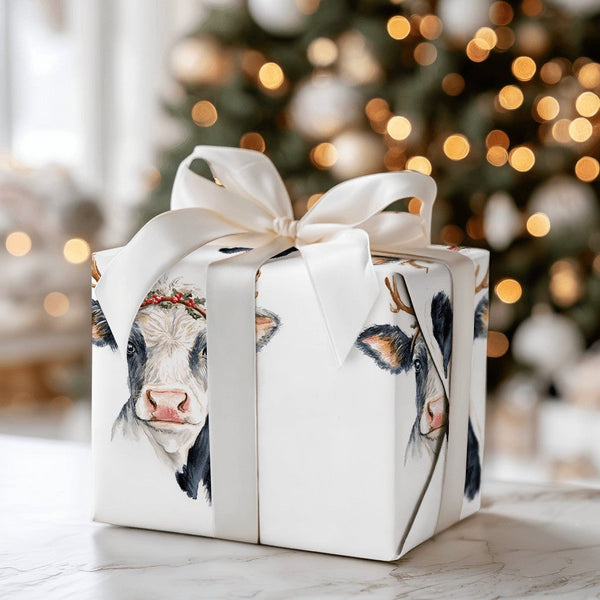 Watercolor Reindeer Antlers Gift Wrap, Christmas Cow Wrapping Paper, Farmhouse Holiday Wrapping Paper, Rustic Xmas Gift Wrap 