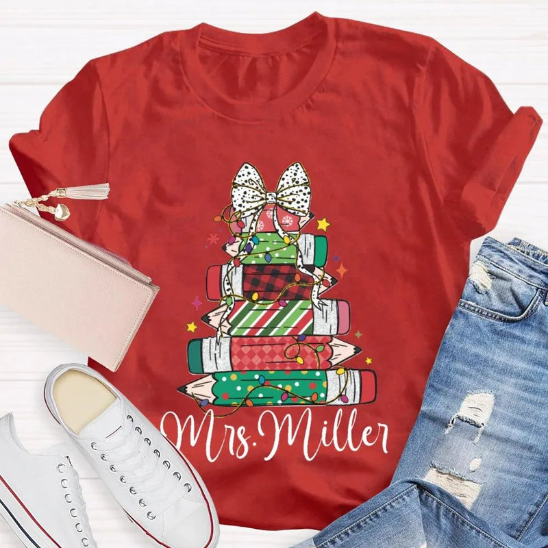 Colorful Crayons Bows Holiday Shirt, Personalized Christmas T-Shirt, Custom Name Kids Xmas Graphic Tee, Festive School Party Shirt