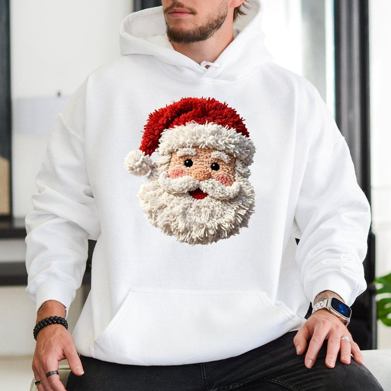 Faux Yarn Crochet Christmas Hoodie, Punch Needle Santa Hoodie, Vintage Santa Claus Hooded Sweatshirt, Comfy Holiday Pullover Hoodie Present