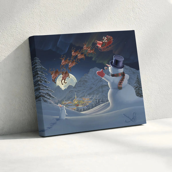 Magical Winter Village Canvas Painting, Santa Sleigh Christmas Canvas Wall Art, Northern Lights Canvas Print, Holiday Home De