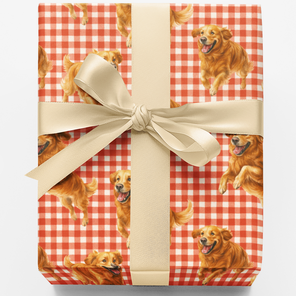 Adorable Dog Gingham Gift Wrap, Golden Retriever Wrapping Paper, Puppy Lover Birthday Wrapping Paper, Christmas Dog Wrapping 