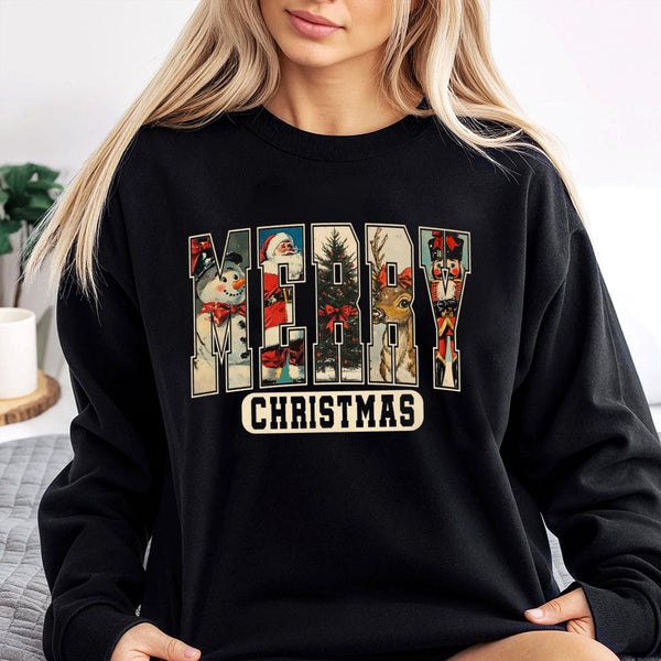 Retro Holiday Graphic Sweater, Merry Christmas Sweatshirt, Vintage Xmas Crewneck, Adorable Winter Season Pullover, Festive Pr