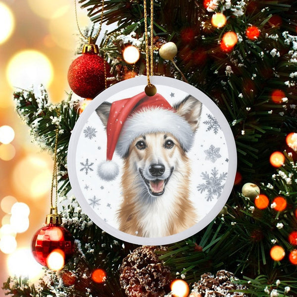 Collie Dog Holiday Ornament, Collie Dog Santa Hat Christmas Ornament, Ceramic Collie Tree Ornament, Dog Lover Pet Keepsake, X