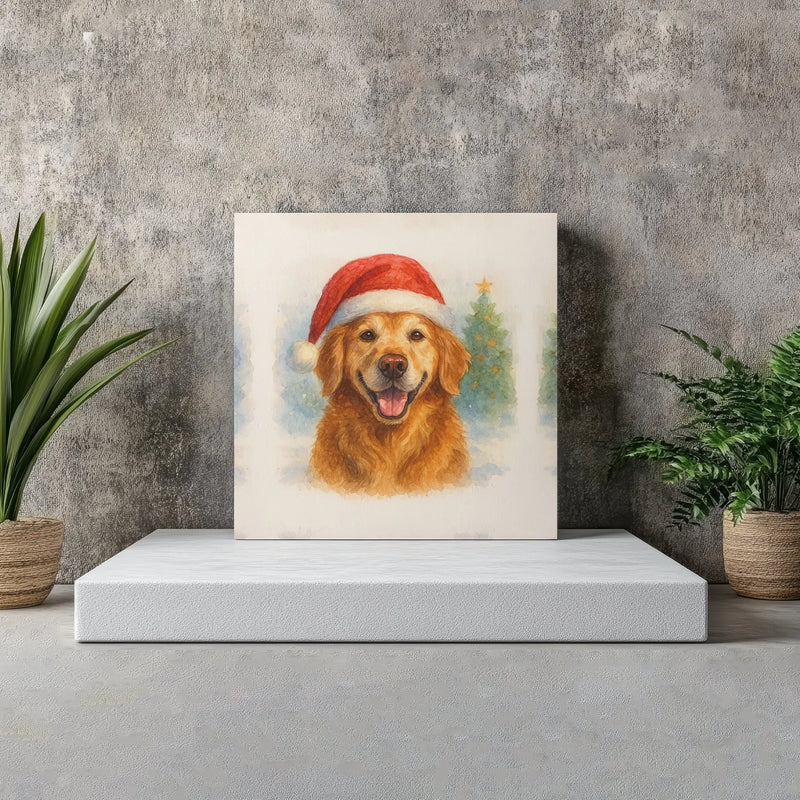 Watercolor Dog Canvas Print, Golden Retriever Christmas Canvas Wall Art, Santa Hat Puppy Wall Art, Holiday Dog Lover Digital Download