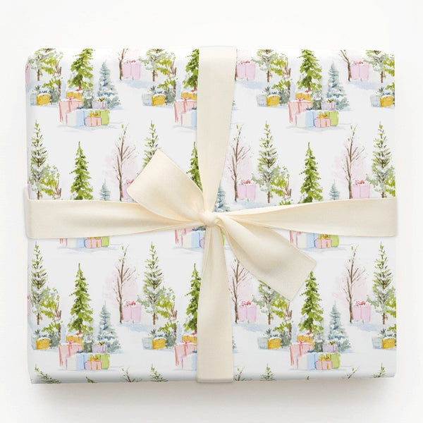 Pastel Tree Christmas Wrapping Paper, Watercolor Forest Wrapping Paper, Snowy Pine Holiday Wrapping Paper Roll, Elegant Xmas 