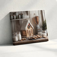 Christmas Bakery Kitchen Wall Art, Gingerbread House Canvas, Holiday Cookies Farmhouse Canvas Print, Comfy Gingerbread Wall Decor