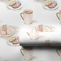 Pink Mug Cookie Gift Wrap, Watercolor Hot Cocoa Wrapping Paper, Holiday Sweets Wrapping Paper, Adorable Baker Christmas Wrapping Paper