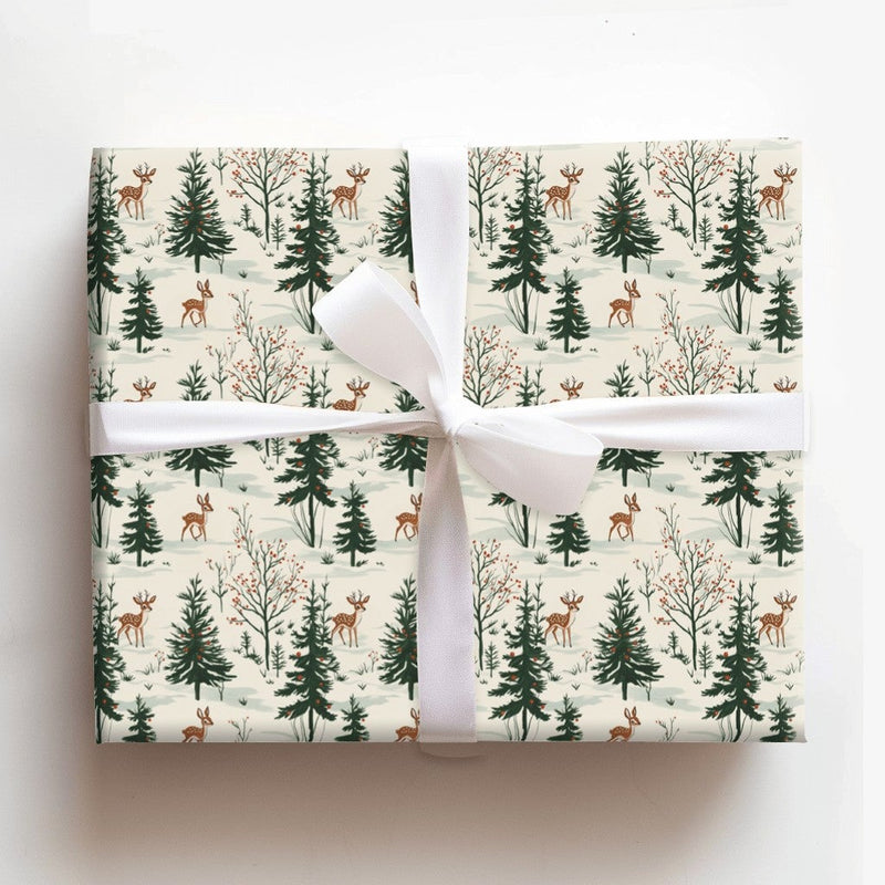 Pine Tree Holiday Gift Wrap, Winter Woodland Deer Wrapping Paper, Rustic Forest Christmas Wrapping Paper, Nature Botanical Gift Wrap Roll