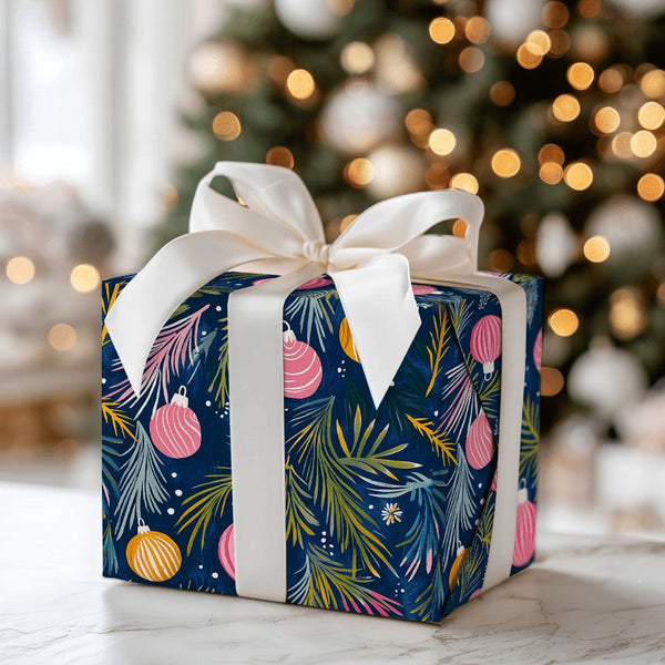 Navy Blue Christmas Gift Wrap, Pink and Gold Ornament Wrapping Paper, Watercolor Bauble Holiday Wrapping Paper, Festive Wrapp