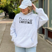 Minimalist Script Holiday Typography Hooded Sweatshirt, Merry Christmas Hoodie, Elegant Xmas Graphic Pullover, Comfy Winter Apparel Present