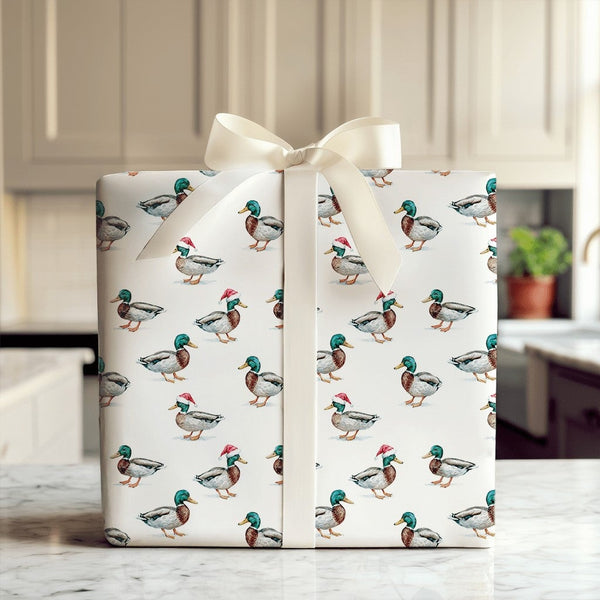 Santa Duck Gift Wrap, Mallard Duck Christmas Wrapping Paper, Watercolor Bird Wrapping Paper, Nature Lover Holiday Gift Wrap R