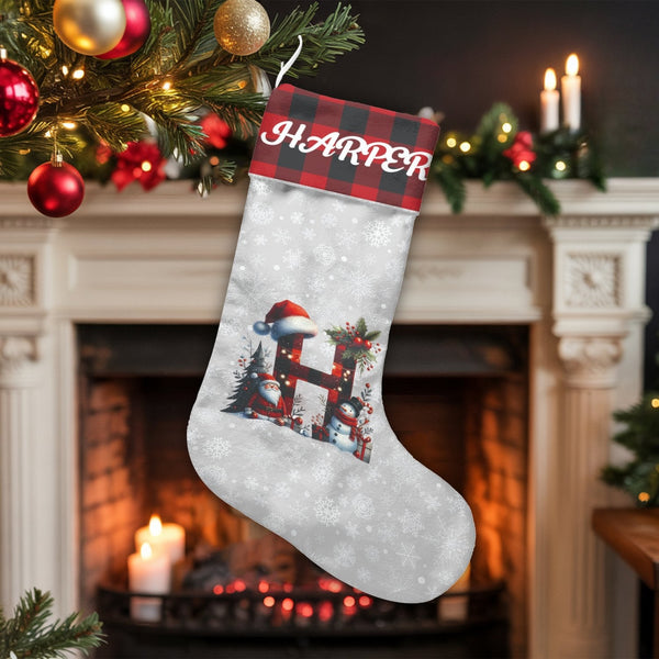 Custom Name Plaid Stocking, Personalized Buffalo Plaid Monogram Christmas Stocking, Velboa Holiday Stocking, Festive Family M