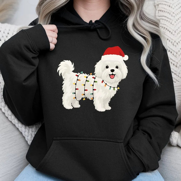Santa Hat Puppy Graphic Hooded Sweatshirt, Maltese Dog Christmas Hoodie, Adorable Dog Lover Holiday Pullover, Festive Dog Mom