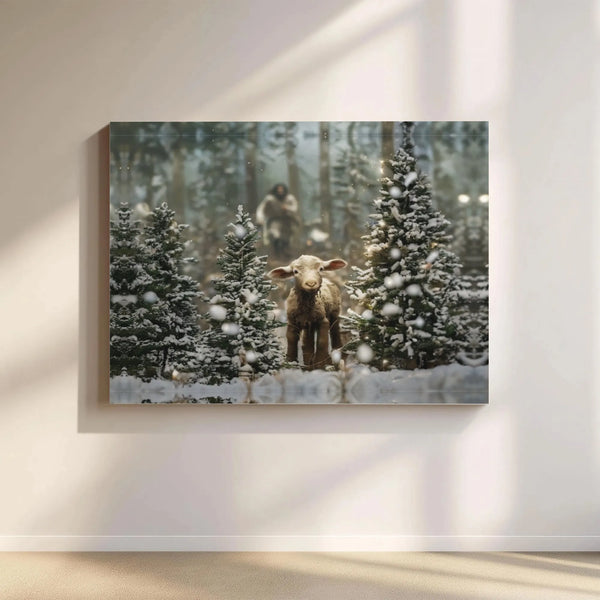 Snowy Christmas Forest Canvas Print, Jesus the Good Shepherd Canvas Art, Christian Winter Landscape Canvas, Religious Holiday