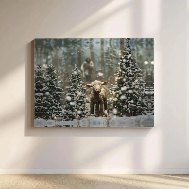 Snowy Christmas Forest Canvas Print, Jesus the Good Shepherd Canvas Art, Christian Winter Landscape Canvas, Religious Holiday Wall Decor