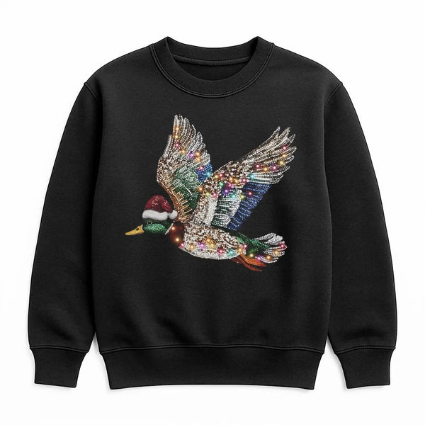 Santa Hat Duck Graphic Sweatshirt, Mallard Duck Christmas Sweatshirt, Rhinestone Duck Holiday Sweater, Festive Xmas Pullover 