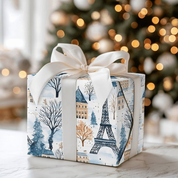 Snowy Eiffel Tower Gift Wrap, Paris Winter Wrapping Paper, French Cityscape Present Paper, Paris France Christmas Holiday Wra