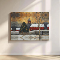 Snowy Red Church Winter Print, Christmas Village Canvas Wall Art, Festive Holiday Digital Download, Seasonal Wall Art Decor Present