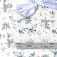 Pine Branch Holiday Gift Wrap, Pastel Butterfly Christmas Wrapping Paper, Whimsical Butterfly Wrapping Paper, Winter Ornament Present Paper