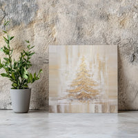 Painterly Snowy Pine Star Print, Golden Christmas Tree Canvas Wall Art, Neutral Holiday Digital Download, Seasonal Wall Decor Present