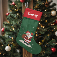 Custom Name Surf Holiday Stocking, Personalized Surfing Santa Christmas Stocking, Tropical Coastal Xmas Stocking, Beach Decor Present for Dad