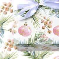 Watercolor Ornament Holiday Gift Wrap, Pink Christmas Wrapping Paper, Pine and Berry Wrapping Paper, Elegant Winter Wrapping Paper Roll